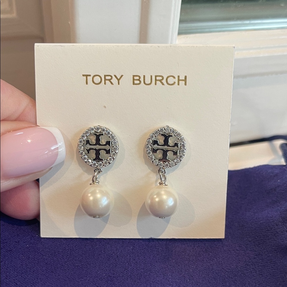 NWOT Tory Burch Silver Logo Earrings with Pearl Drops